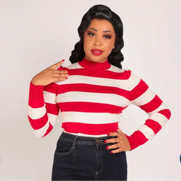 Collectif Outlaw Retro 60s Block Stripe Jumper in Red and Cream - Picture 1 of 6